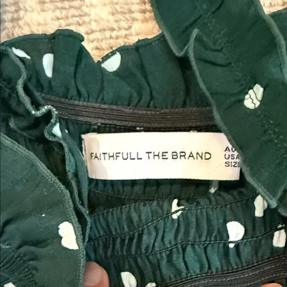 Faithfull The Brand Smocked Dark Green Polka Dot Ruffle Mini Dress, size 4 - Picture 3 of 6